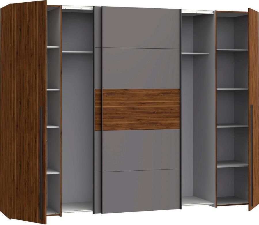 Merkloos NARAGO kledingkast Bakersfield Walnoot en grijs decor 2 schuifdeuren + 2 draaideuren L270 x D61 x H210 cm