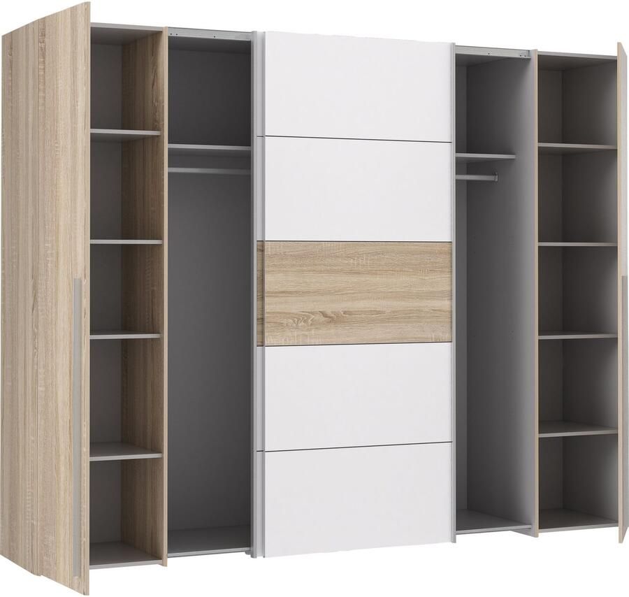 Merkloos NARAGO kledingkast Sonoma eiken en mat wit decor 2 schuifdeuren + 2 draaideuren L270 x D61 x H210 cm