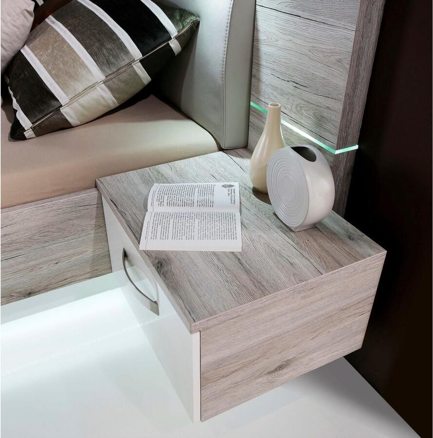 FORTE Slaapkamerserie Rondino bed + 2 nachtkastjes + LED gepolsterde kunstlederen hoofdeinde