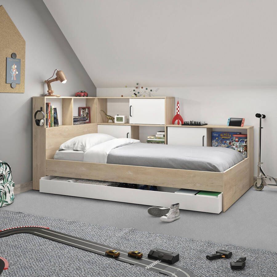 Gautier_diagone Vente unique Bed ARMAND met opbergruimte en laden 90 x 200 cm Kleur Natuurlijk licht L 221 cm x H 104 cm x D 120 cm