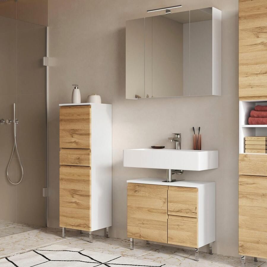 GERMANIA Badkamerserie Torrance Wastafelonderkast spiegelkast met verlichting en kast (3-delig)