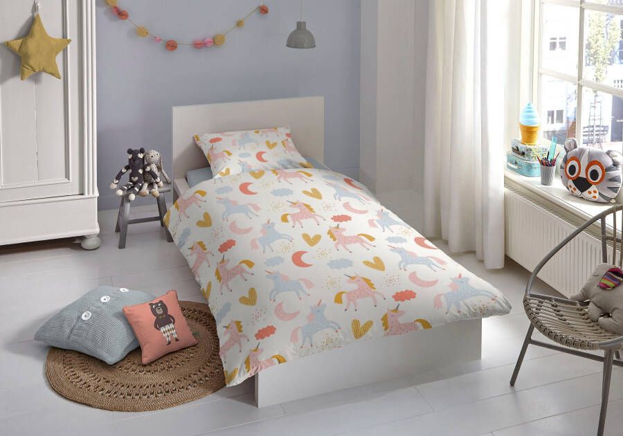 Good morning Baby-overtrekset Unilove Katoen 100x135 Rits Baby Meisje Eenhoorn Hartjes (2-delig)