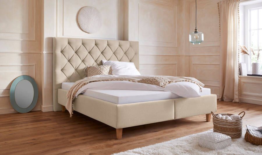 Home affaire Gestoffeerd bed Sunley 140 Kruisstiksel hoofdbordhoogte 142 cm zonder of met matras lattenbodem