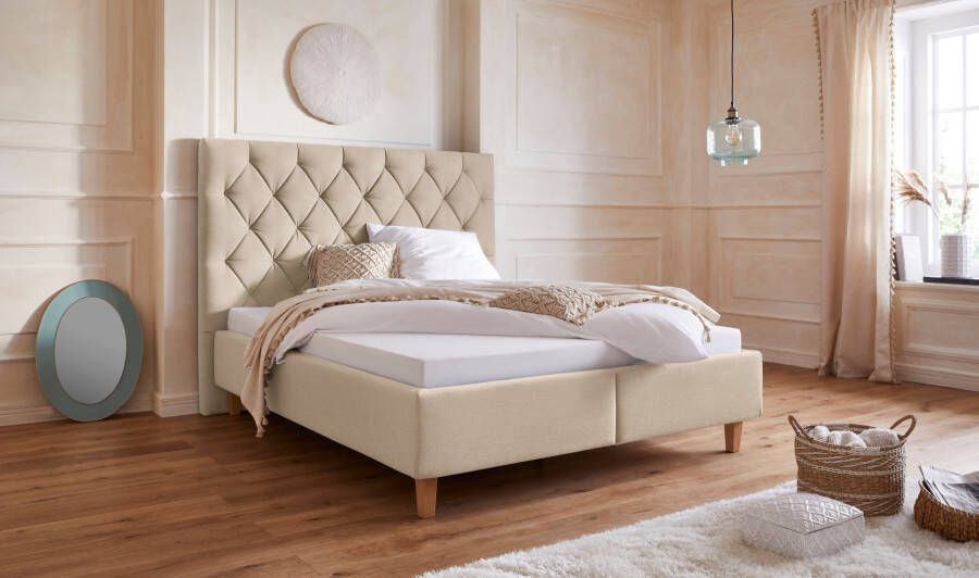Home affaire Gestoffeerd bed Sunley 140 Kruisstiksel hoofdbordhoogte 142 cm zonder of met matras lattenbodem