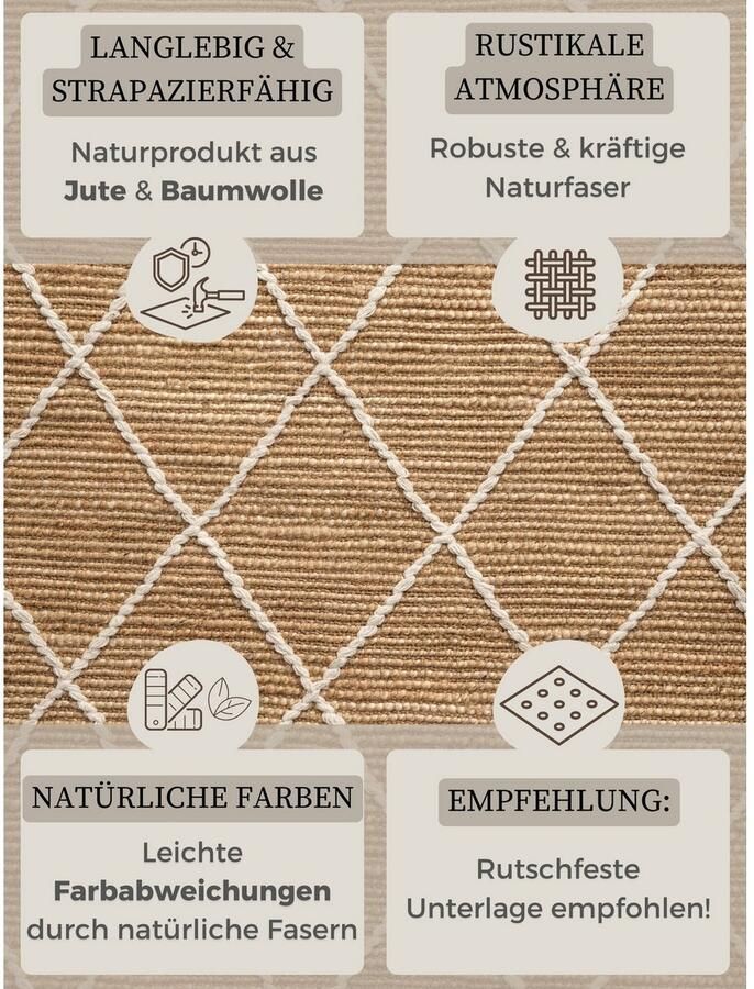 HANSE Home Vloerkleed Kunu jute tapijt Natuurlijke vezels jute met katoen woonkamer hal gang boho scandi