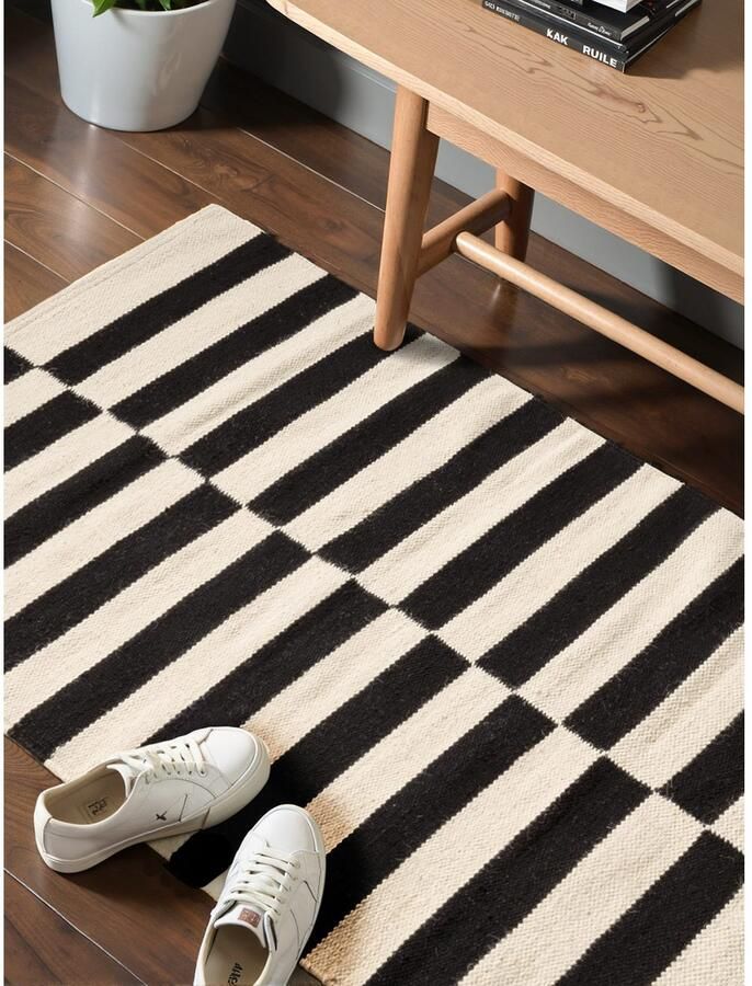 HANSE Home Wollen kleed Donna zwart-wit handgeweven wol natuur loper woonkamer slaapkamer strepen