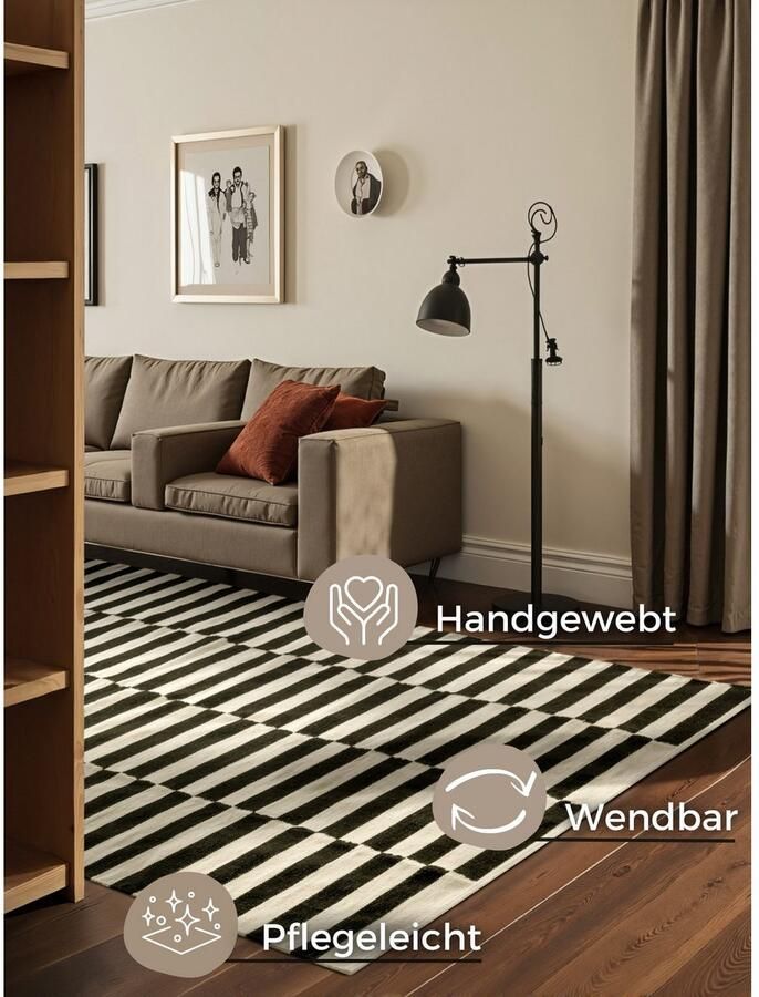 HANSE Home Wollen kleed Donna zwart-wit handgeweven wol natuur loper woonkamer slaapkamer strepen