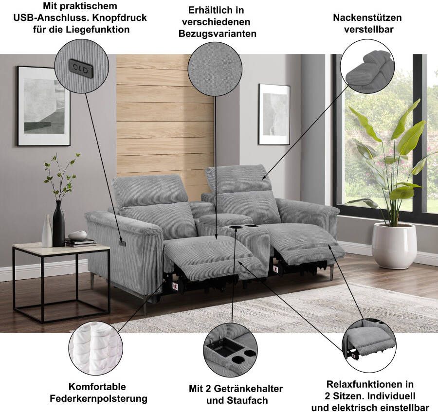 Home affaire 2-zitsbank Lund 2-zits bioscoopbank tv-fauteuil multimedia-sofa USB-A met elektrische of handmatige relaxfunctie bekerhouder en opbergruimte