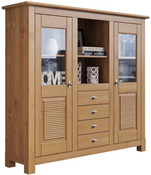 Home affaire Buffetkast Rauna Highboard massief grenen deuren met glazen inzetstukken B H 146 134 cm