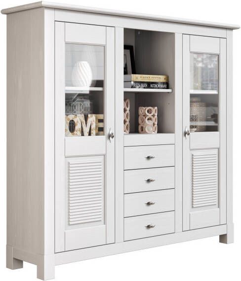 Home affaire Buffetkast Rauna Highboard massief grenen deuren met glazen inzetstukken B H 146 134 cm