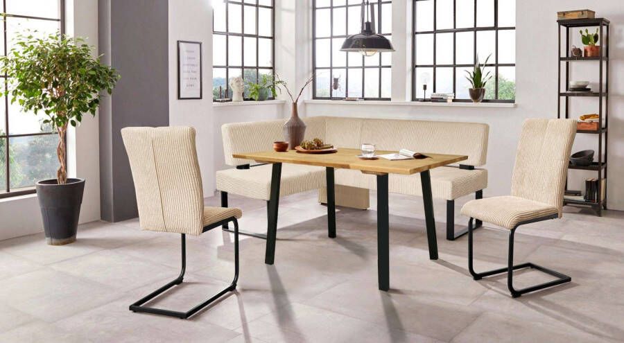 Home affaire Eethoek Oliver Hoekbank met golfvering in de zitting tafel massief eiken (set 4-delig)