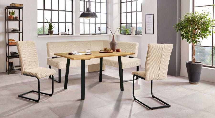 Home affaire Eethoek Oliver Hoekbank met golfvering in de zitting tafel massief eiken (set 4-delig)