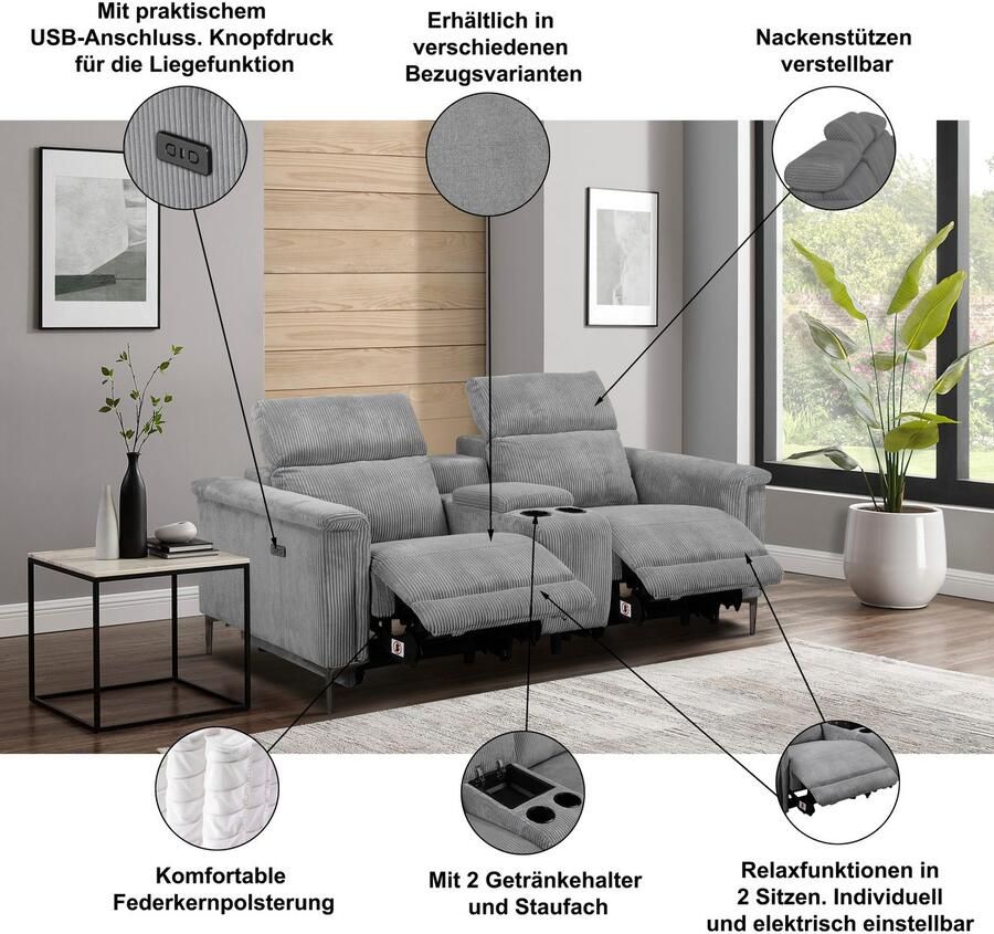 Home affaire 2-zitsbank Lund 2-zits bioscoopbank tv-fauteuil multimedia-sofa USB-A met elektrische of handmatige relaxfunctie bekerhouder en opbergruimte