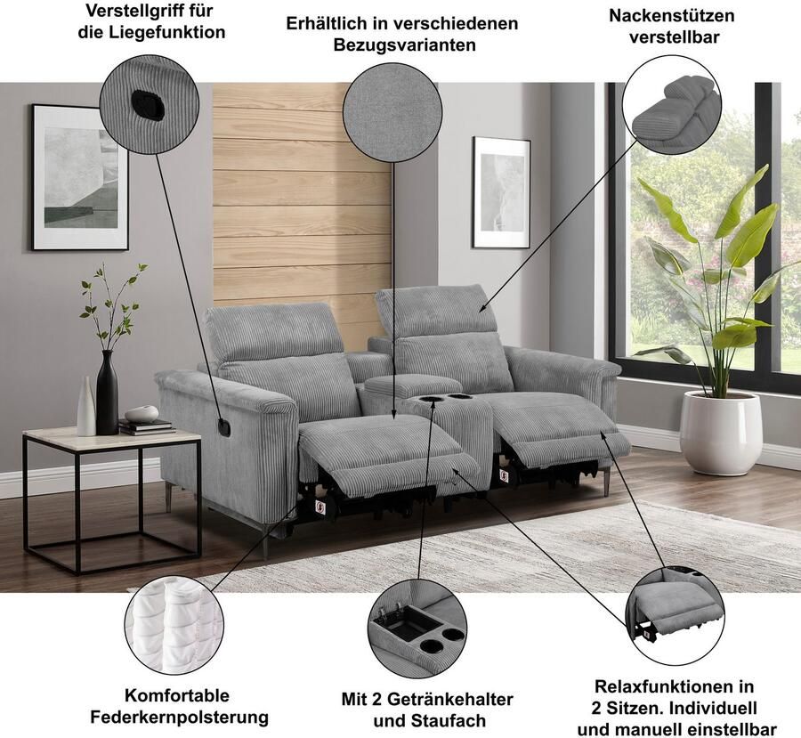 Home affaire 2-zitsbank Lund 2-zits bioscoopbank tv-fauteuil multimedia-sofa USB-A met elektrische of handmatige relaxfunctie bekerhouder en opbergruimte