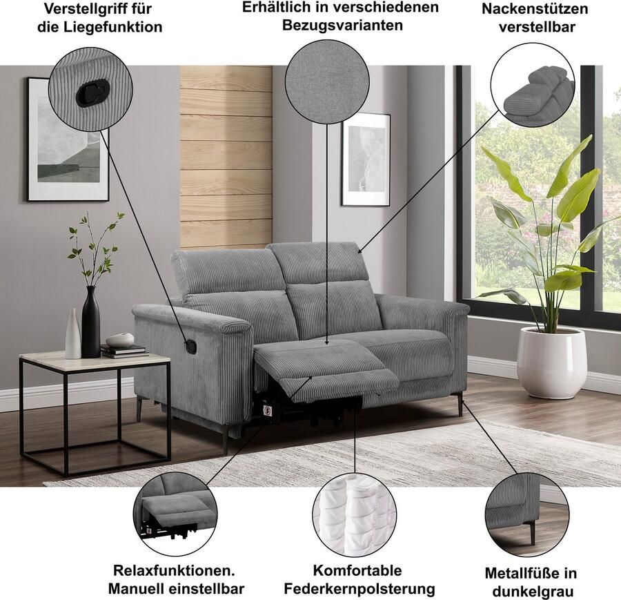 Home affaire 2-zitsbank Lund in Cord met handmatige of elektrische Relaxfunctie USB-C hoofdverstelling breedte 160 cm