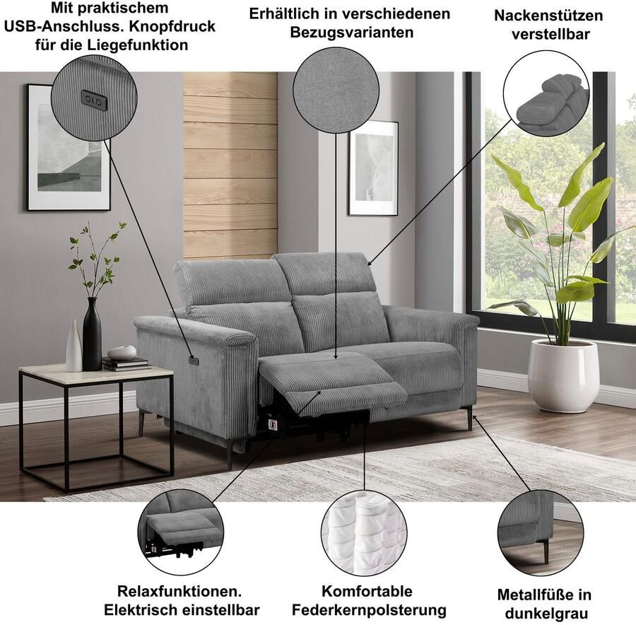 Home affaire 2-zitsbank Lund in Cord met handmatige of elektrische Relaxfunctie USB-C hoofdverstelling breedte 160 cm