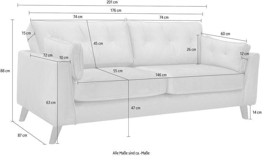 Home affaire 3-zitsbank Copenhagen fijne opstaande naad capitonnage achter en armkussen
