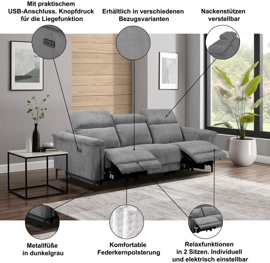 Home affaire 3-zitsbank Lund Cord met handmatige of elektrische relaxfunctie in 2 zitplaatsen