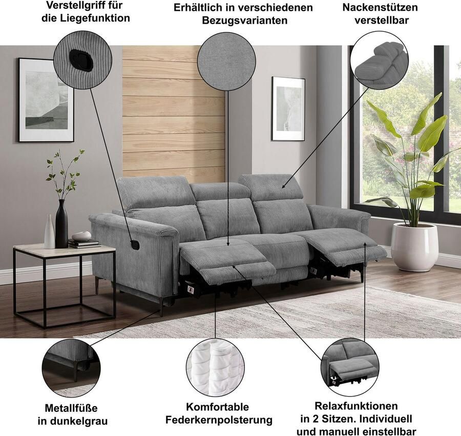 Home affaire 3-zitsbank Lund Cord met handmatige of elektrische relaxfunctie in 2 zitplaatsen