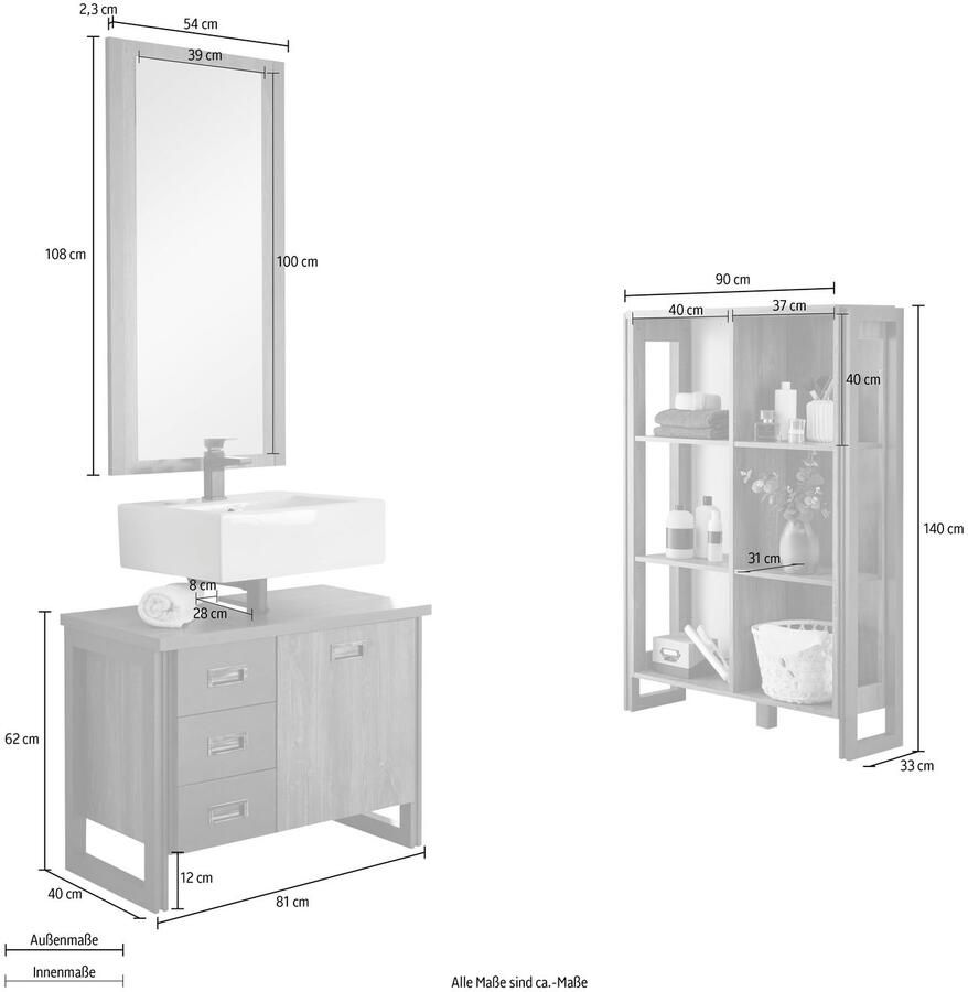 Home affaire Badkamerserie Detroit badkamer in industriële stijl 3-delig badkamer Onderkast rek & spiegel houtkleurig open vakken & opbergruimte (set 3-delig)