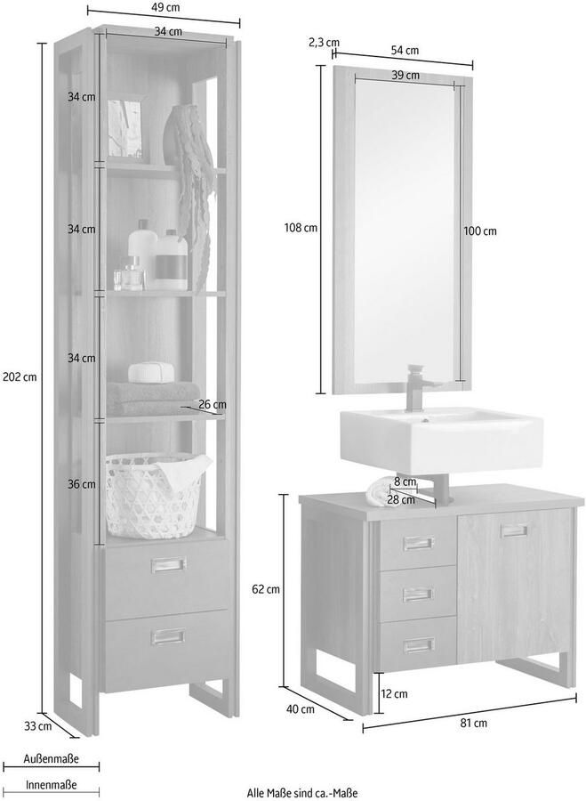 Home affaire Badkamerserie Detroit badkamer in industriële stijl 3-delig badkamer Onderkast rek & spiegel houtkleurig open vakken & opbergruimte (set 3-delig)