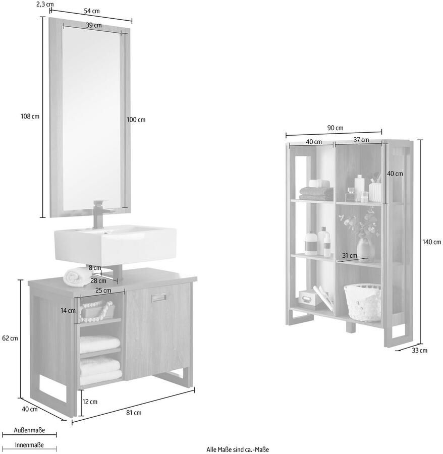 Home affaire Badkamerserie Detroit badkamer in industriële stijl 3-delig badkamer Onderkast rek & spiegel houtkleurig open vakken & opbergruimte (set 3-delig)