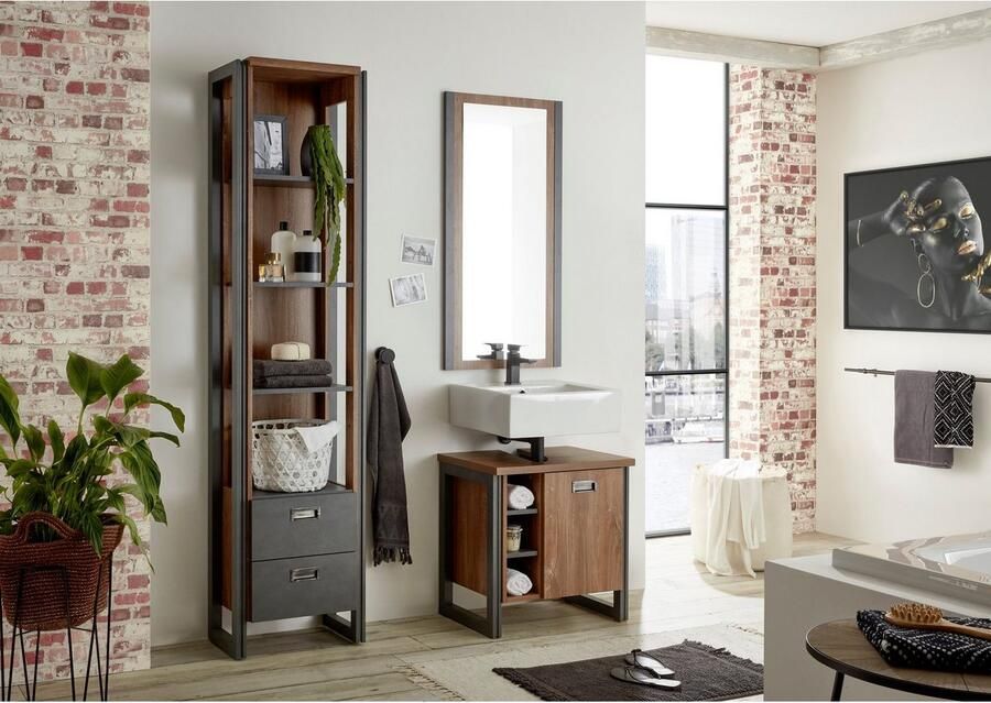 Home affaire Badkamerserie Detroit badkamer in industriële stijl 3-delig badkamer Onderkast rek & spiegel houtkleurig open vakken & opbergruimte (set 3-delig)