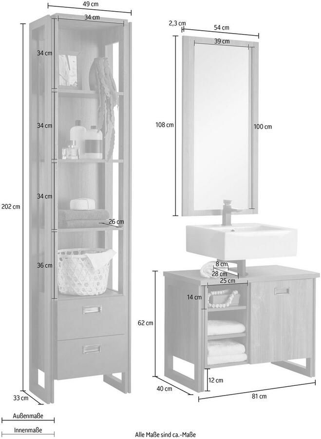 Home affaire Badkamerserie Detroit badkamer in industriële stijl 3-delig badkamer Onderkast rek & spiegel houtkleurig open vakken & opbergruimte (set 3-delig)