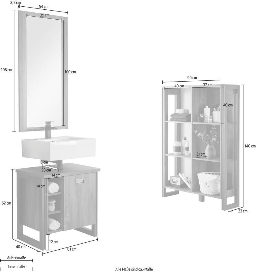Home affaire Badkamerserie Detroit badkamer in industriële stijl 3-delig badkamer Onderkast rek & spiegel houtkleurig open vakken & opbergruimte (set 3-delig)