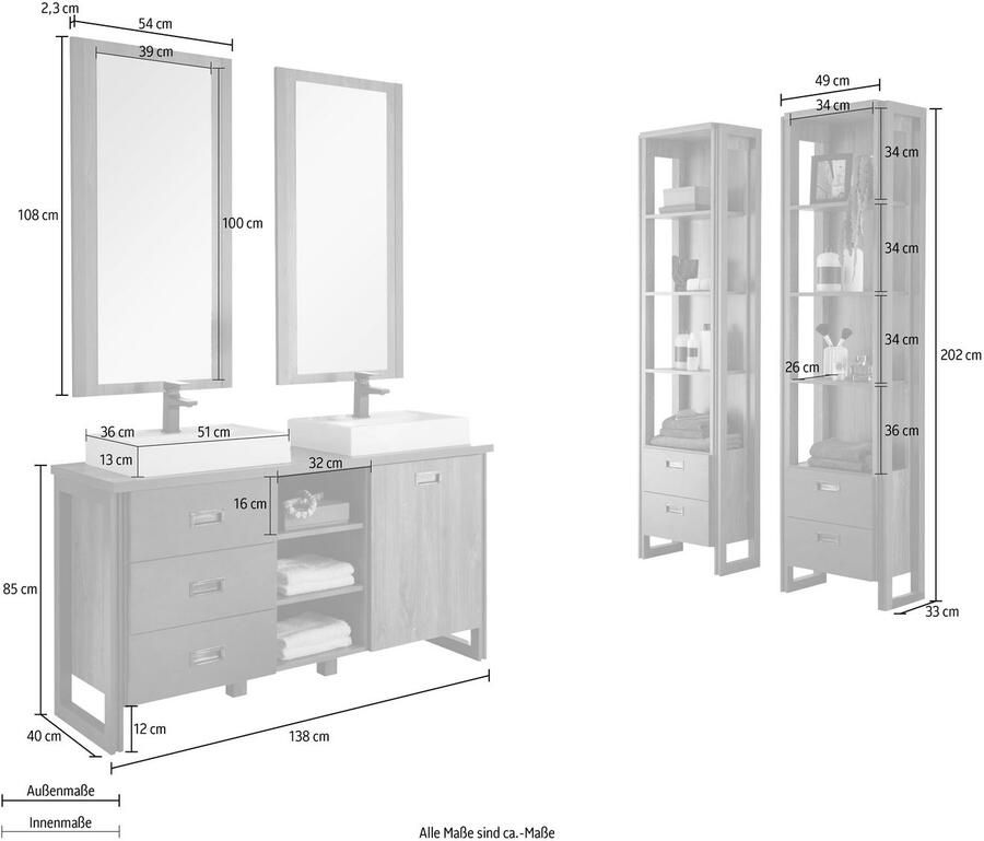 Home affaire Badkamerserie Detroit badkamer in industriële stijl 3-delig badkamer Waschtafel plank & spiegel inclusief twee mineraalgiet opzetwastafels (set 5-delig)