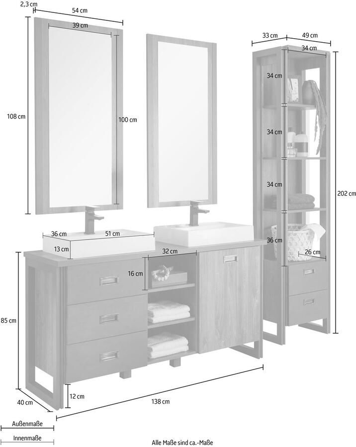 Home affaire Badkamerserie Detroit badkamer in industriële stijl 3-delig badkamer Waschtafel plank & spiegel inclusief twee mineraalgiet opzetwastafels (set 4-delig)