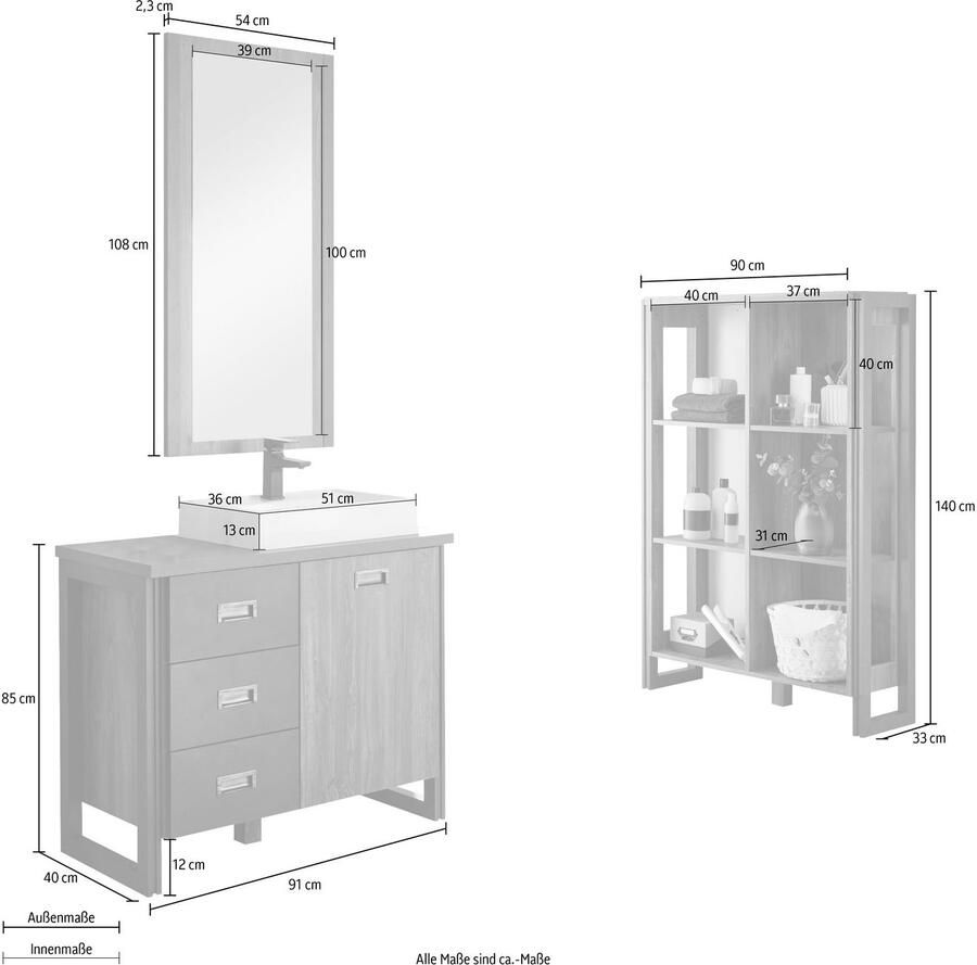 Home affaire Badkamerserie Detroit badkamer in industriële stijl 3-delig badkamer Waschtafel plank & spiegel inclusief opzetwastafel van mineraalgietwerk (set 3-delig)