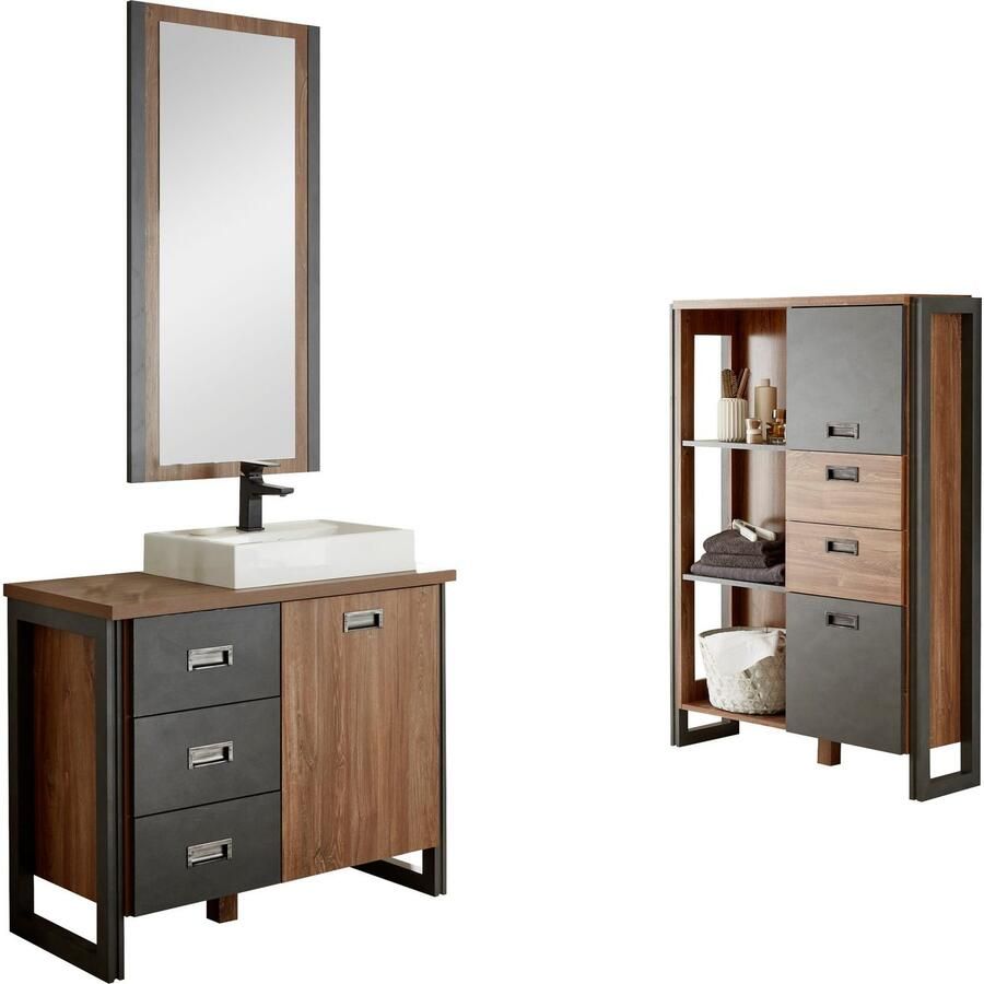 Home affaire Badkamerserie Detroit badkamer in industriële stijl 3-delig badkamer Waschtafel highboard & spiegel inclusief mineraalgiet opzetwastafel (set 3-delig)