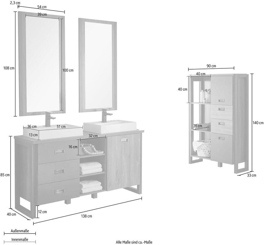 Home affaire Badkamerserie Detroit badkamer in industriële stijl 3-delig badkamer Waschtafel highboard spiegel inclusief 2 mineraalgiet opzetwastafels (set 4-delig)