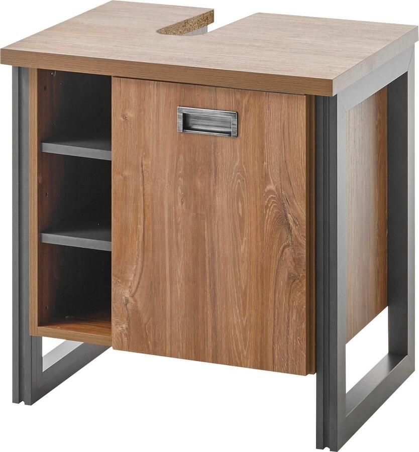 Home affaire Badkamerserie Detroit badkamer in industriële stijl incl. LED 2-delig badkamer Onderkast met open vakken & opbergruimte houtkleurig ronde spiegel (2-delig)