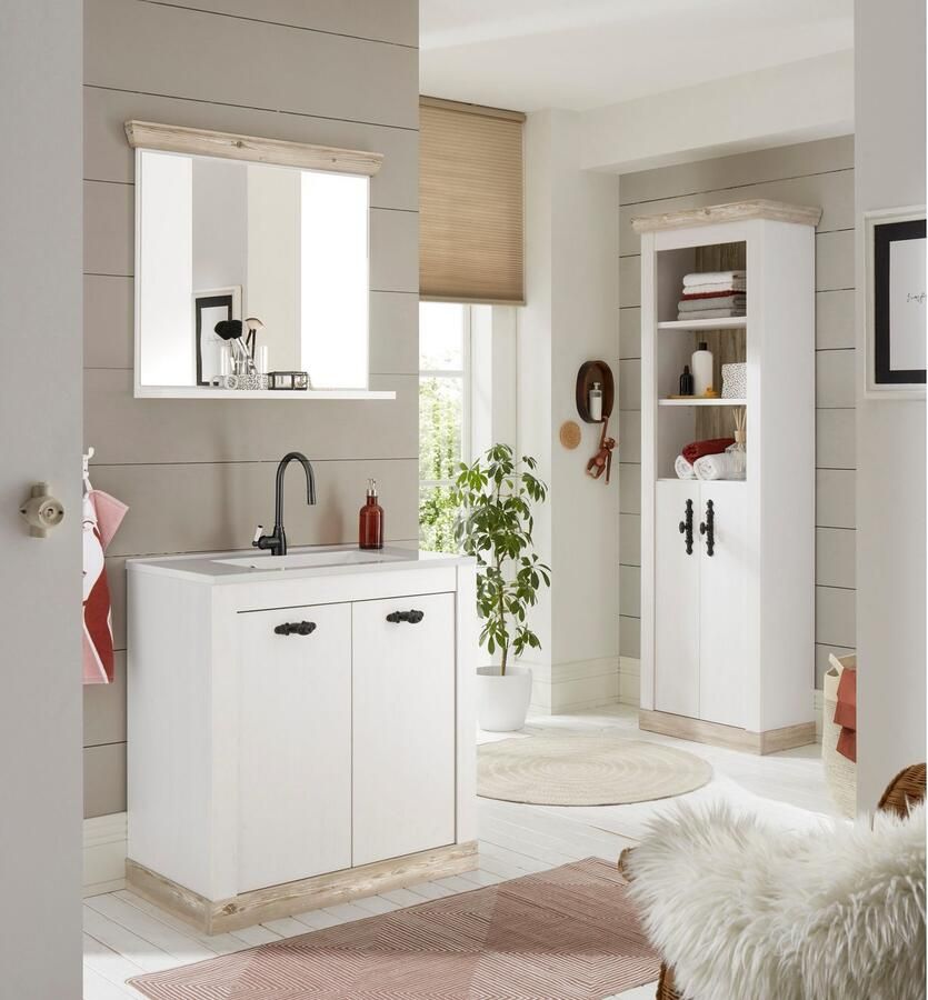 Home affaire Hoge kast Florenz badkamerkast in landhuisstijl kast met metalen handgrepen in pinie weiß open vakken en voldoende opbergruimte achter draaideuren