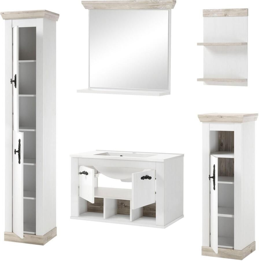 Home affaire Badkamerserie Florenz badkamer in landhuisstijl 5-delig badkamer Hangwastafel kasten wandplank en spiegel in grenen wit (5-delig)