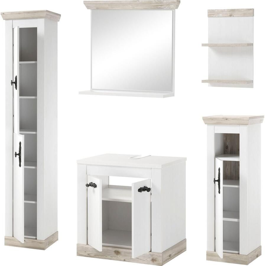 Home affaire Badkamerserie Florenz badkamer in landhuisstijl 5-delig badkamer Onderkast kasten wandrek en spiegel in dennen wit opbergruimte (5-delig)