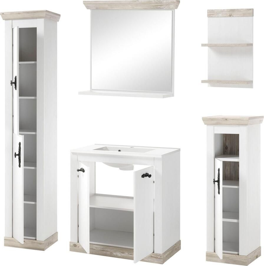 Home affaire Badkamerserie Florenz badkamer in landhuisstijl 5-delig badkamer Wastafel kasten wandrek en spiegel in grenen wit opbergruimte (5-delig)