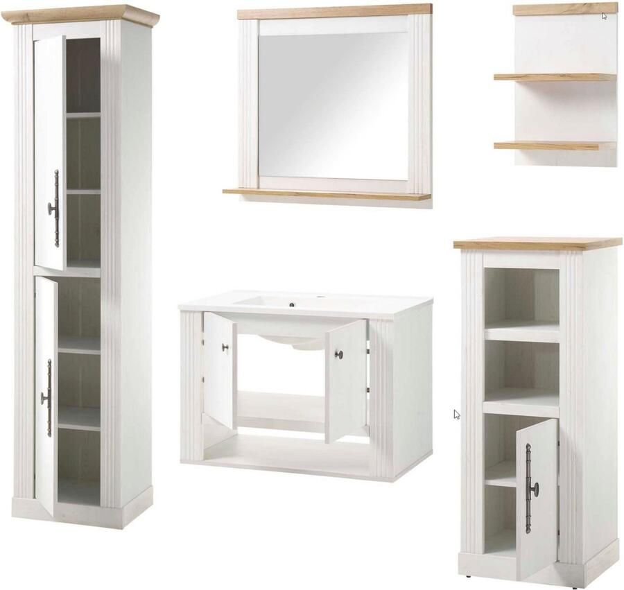 Home affaire Badkamerserie WESTMINSTER badkamer in landhuisstijl 5-delig badkamer Wand-wastafel spiegel middenschrank plank hoge kast 220 cm (5-delig)