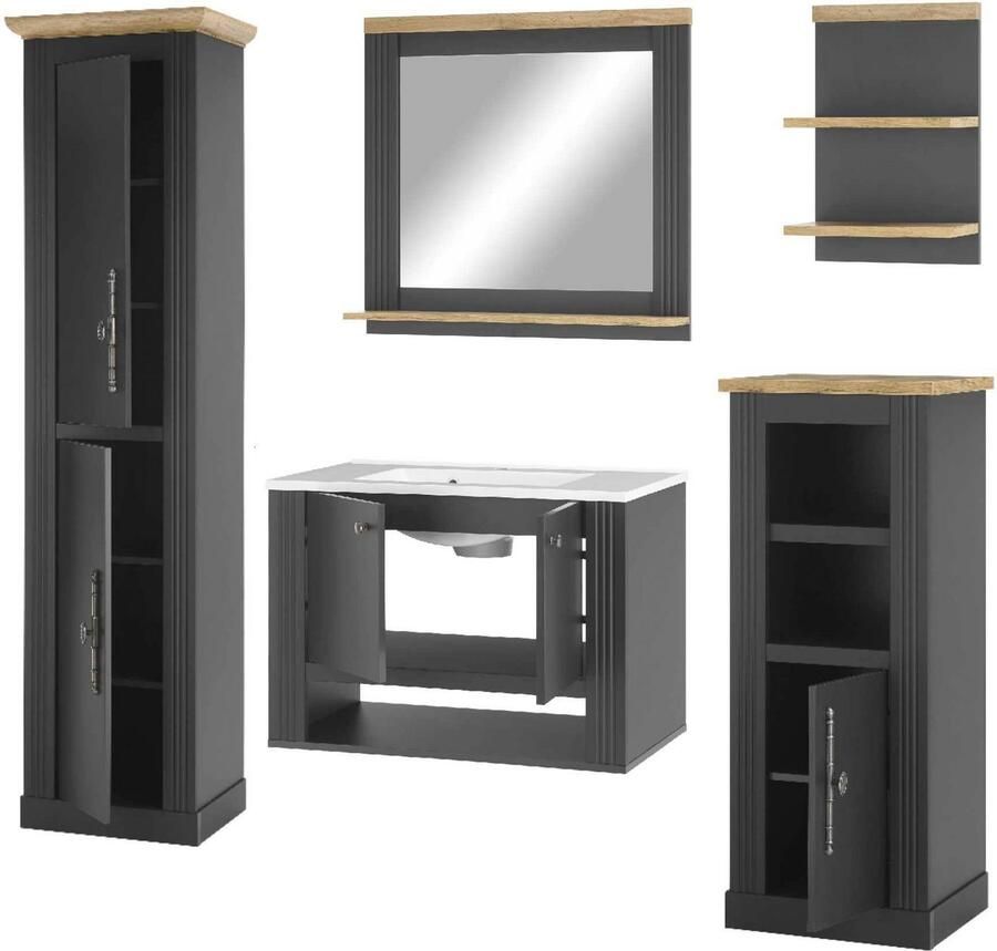 Home affaire Badkamerserie WESTMINSTER badkamer in landhuisstijl 5-delig badkamer Wand-wastafel spiegel middenschrank plank hoge kast 220 cm (5-delig)