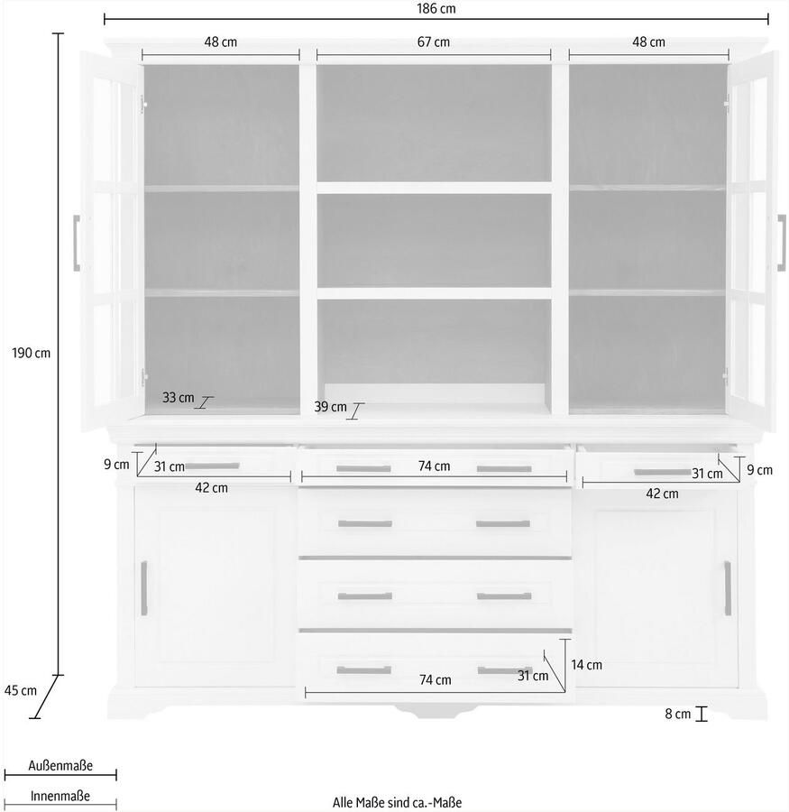 Home affaire Buffetkast Anabel met glazen deuren en metalen handgrepen Buffet van massief grenen FSC met schuifdeuren B H 186 190 cm