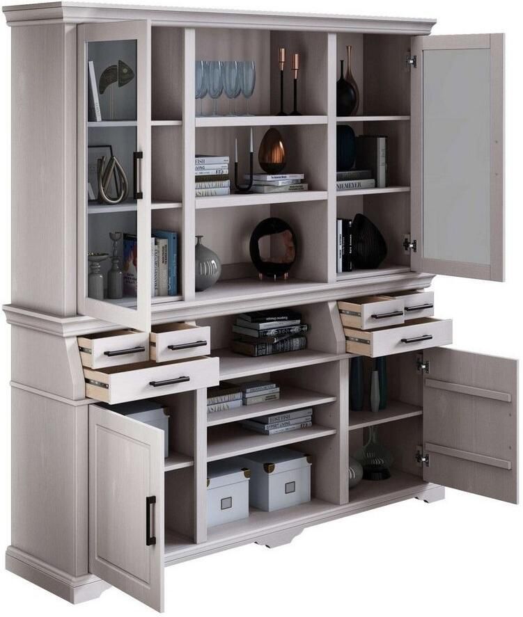 Home affaire Buffetkast Anabel met glazen deuren en zwarte metalen handgrepen gecertificeerd massief hout breedte 186 cm hoogte 199 cm