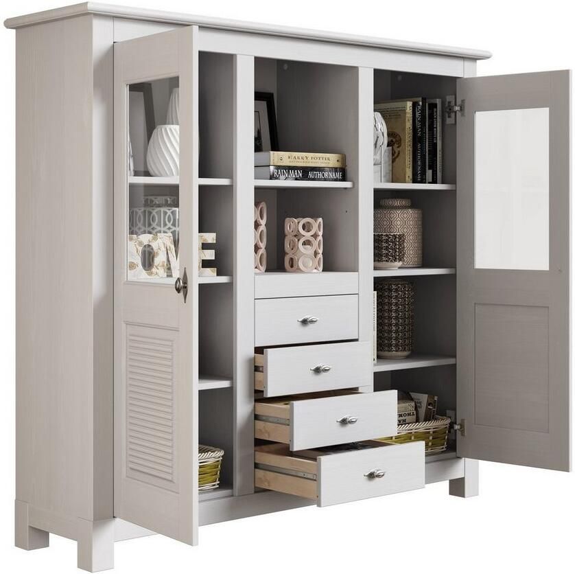 Home affaire Buffetkast Rauna Highboard massief grenen deuren met glazen inzetstukken B H 146 134 cm