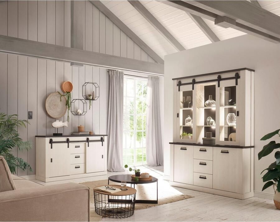 Home affaire Buffetkast Sherwood Houtdecor met schuurdeurbeslag en apothekersgrepen breedte 133cm