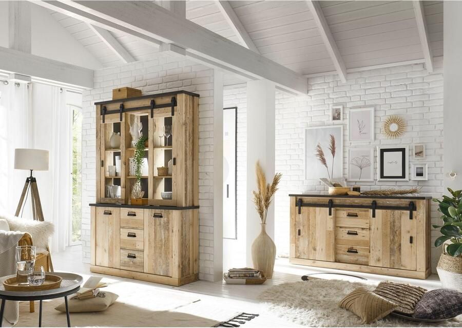 Home affaire Buffetkast Sherwood Houtdecor met schuurdeurbeslag en apothekersgrepen breedte 133cm