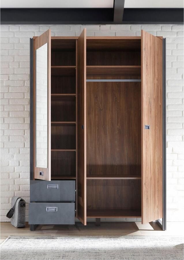 Home affaire Draaideurkast Detroit lades in leisteenlook metalen grepen Kledingkast met spiegel garderobe in de breedtes: 99 143 of 232cm