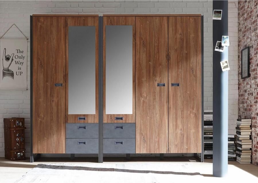 Home affaire Draaideurkast Detroit lades in leisteenlook metalen grepen Kledingkast met spiegel garderobe in de breedtes: 99 143 of 232cm