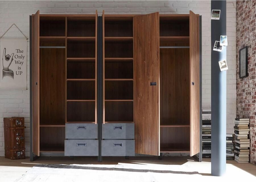 Home affaire Draaideurkast Detroit lades in leisteenlook metalen grepen Kledingkast met spiegel garderobe in de breedtes: 99 143 of 232cm