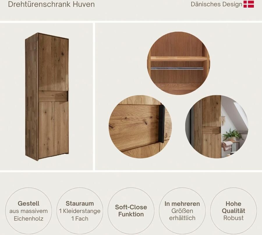 Home affaire Draaideurkast Huven kledingkast met veel opbergruimte van massief eikenhout Scandi 218cm hoog 1 kledingstang & 1 vak beugelgreep & Soft-Close